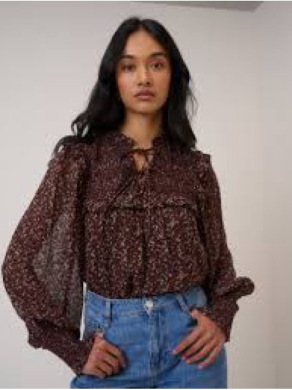 NWT Nobody’s Child Brown Ditsy Floral Balloon Sleeve blouse